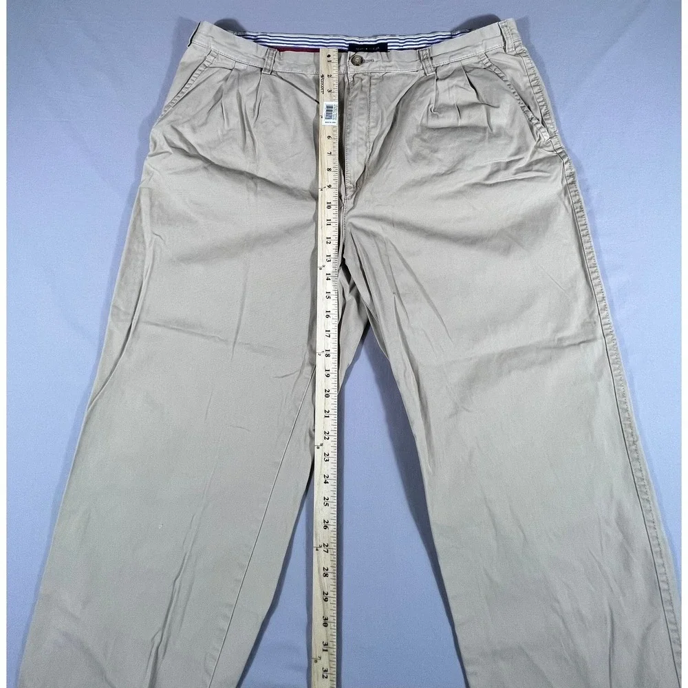 Tommy Hilfiger Mens Pleated Chino Pants Khaki Tan 42x30 Cotton Twill Trousers
